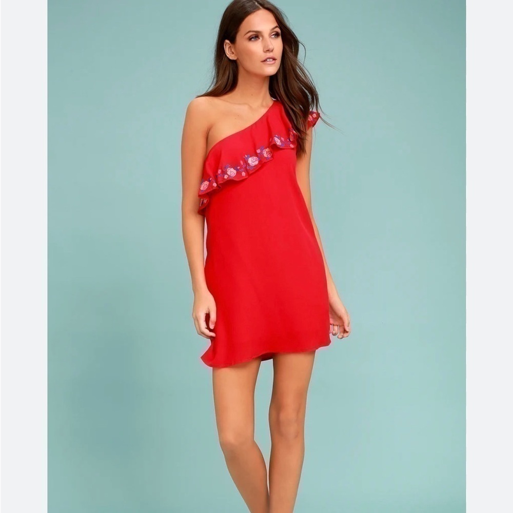 Lulu’s one shoulder red embroidered slip dress